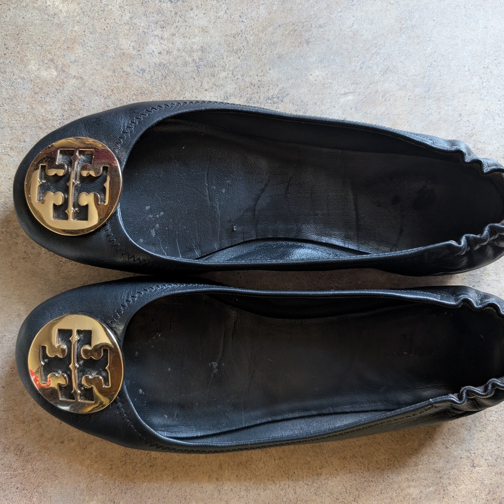 Tory Burch Black Flats with Gold Emblem